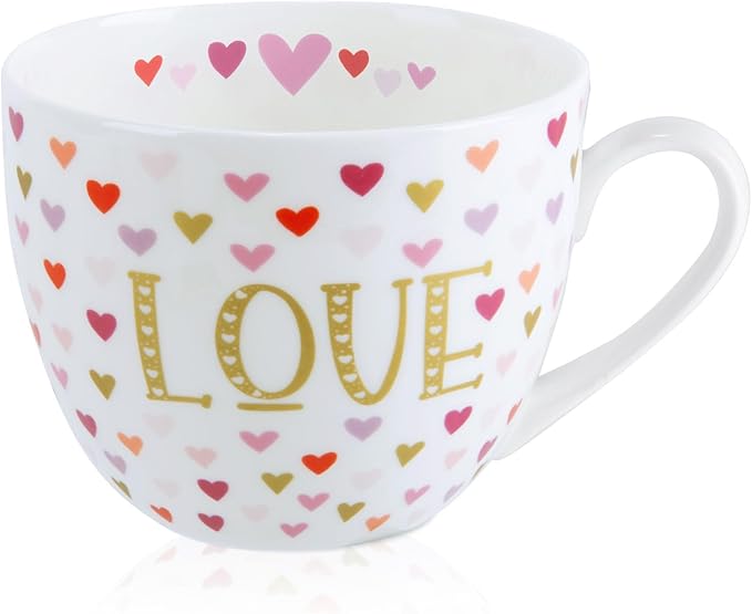 LOVE Heart Coffee Mug - 20 oz Bone China Mugs with Gold LOVE Design and Colorful Hearts