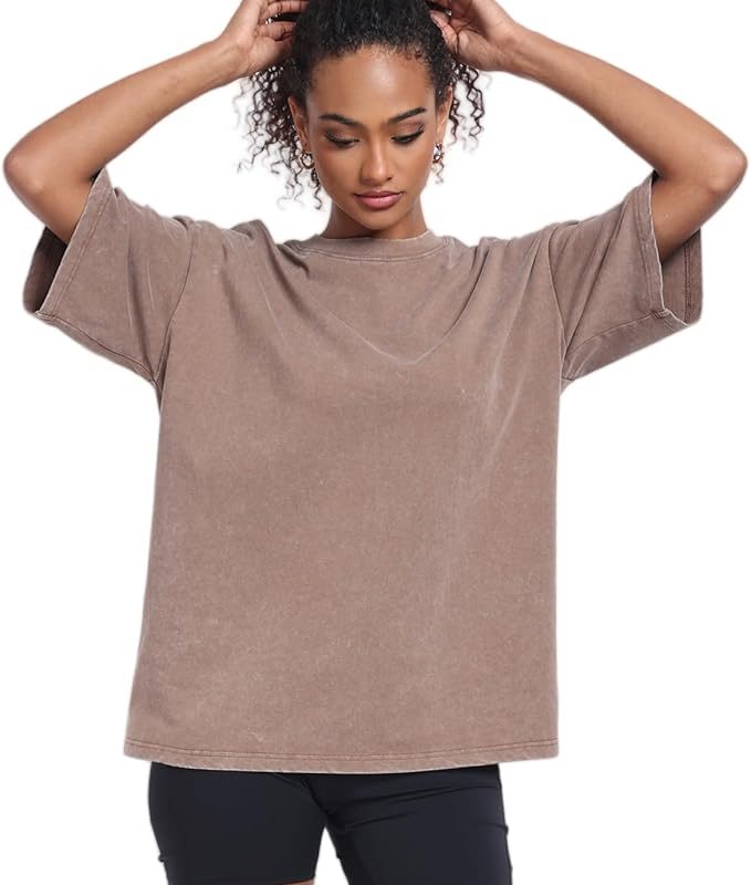 Womens Washed Vintage Oversized T-Shirt Baggy Workout Tops Short Sleeve Cotton Tshirts Streetwear Boyfriend Tee