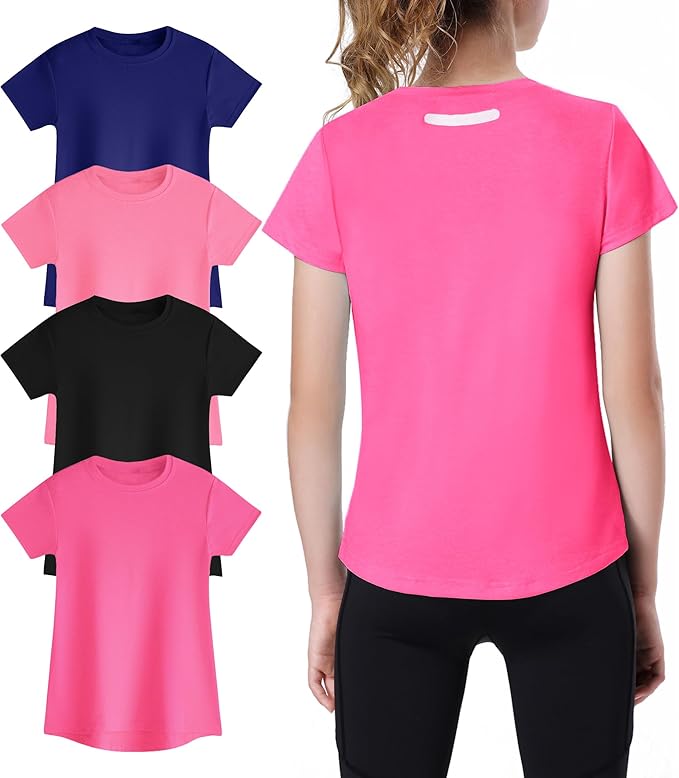 EXARUS Girls Athletic Shirts Quick Dry T Shirts Short Sleeve Tee Workout Activewear Soccer Sports Tops for Tween Kids