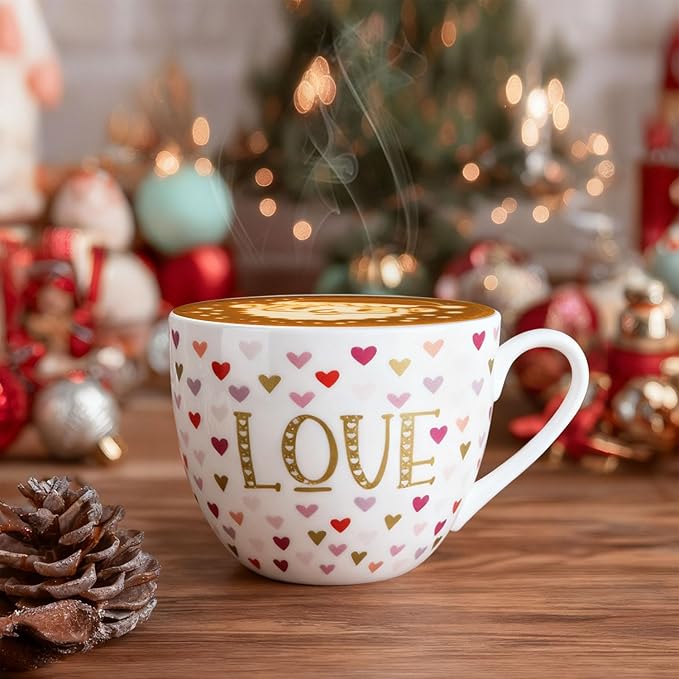 LOVE Heart Coffee Mug - 20 oz Bone China Mugs with Gold LOVE Design and Colorful Hearts - Image 2