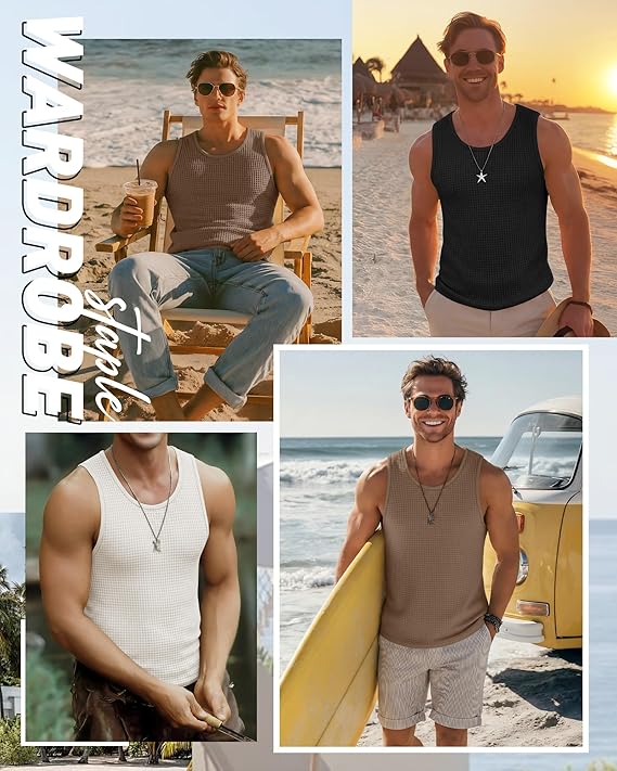 Riyiper 3 Pack Men's Waffle Knit Tank Tops Casual Sleeveless Shirts Classic Beach Tank T-Shirts Summer Loose Muscle Shirts - Image 3