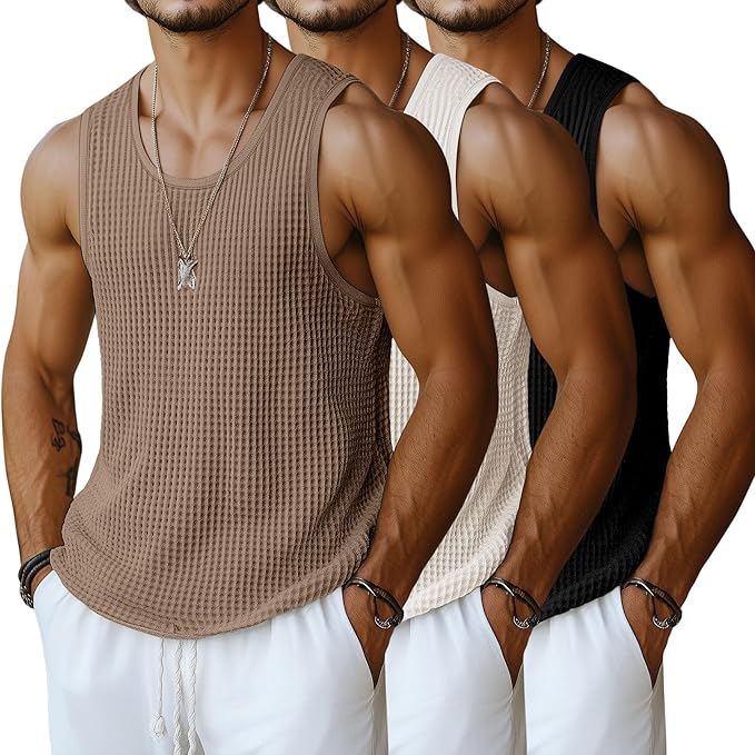 Riyiper 3 Pack Men's Waffle Knit Tank Tops Casual Sleeveless Shirts Classic Beach Tank T-Shirts Summer Loose Muscle Shirts